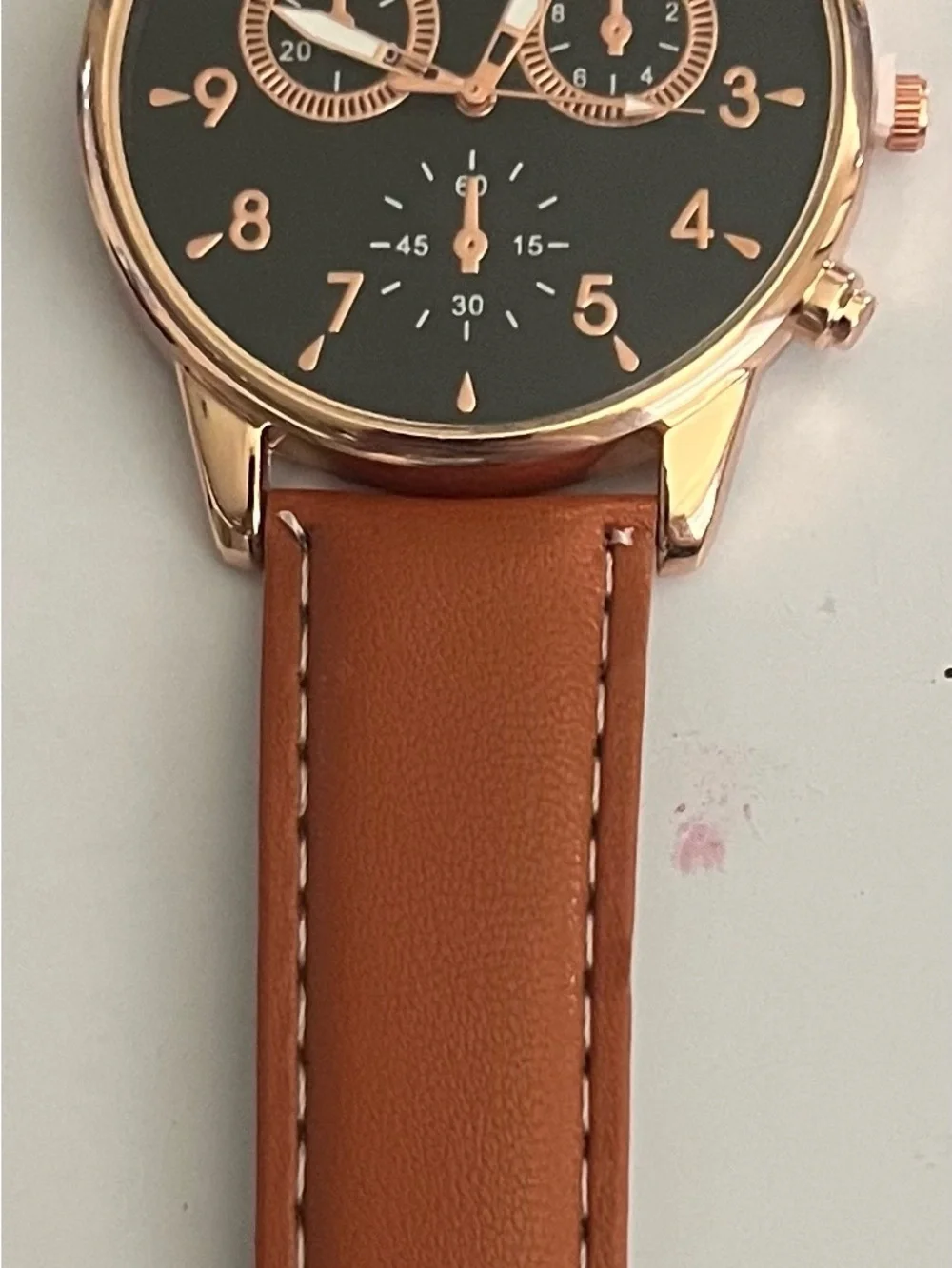 Geneva Men’s Luxury Timepiece 3 Time Zones Tan Color Band Rose Gold 50mm Case
